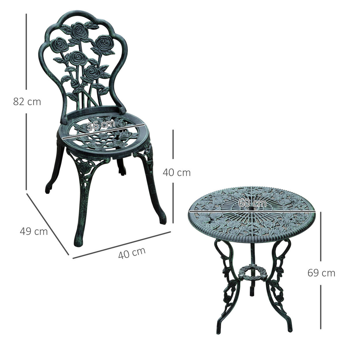 BISTROSET 3-tlg.60/60/69 cm grün aus Eisen im Antik-Look für Balkon und Terrasse - Grün, Metall - OKWISH