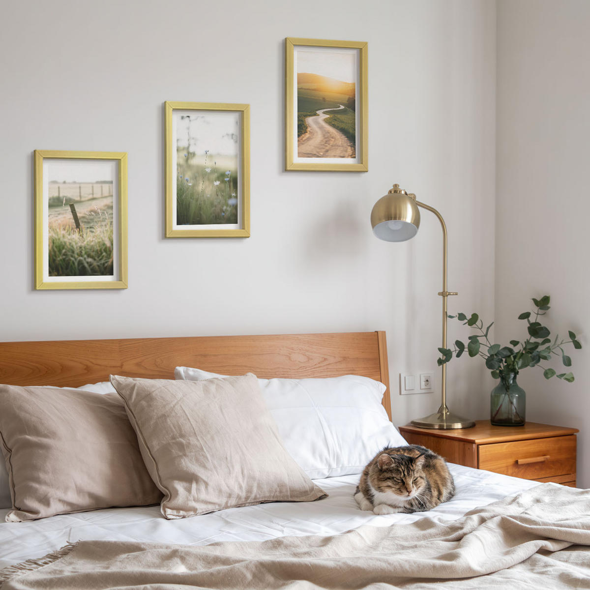 WANDBILDER 3er Set - 20x30 cm Goldrahmen - Landschaftswiesenstraße West - Goldfarben, Kunststoff (20/30cm) - ArtPrintCave
