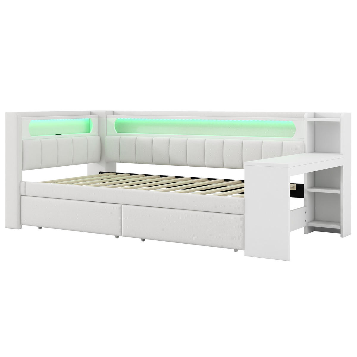 POLSTERBETT 90/200 cm Weiß mit LED-Beleuchtung USB-Anschlüssen Schreibtisch und Stauraum - Weiß, Holzwerkstoff (90/200cm) - OKWISH