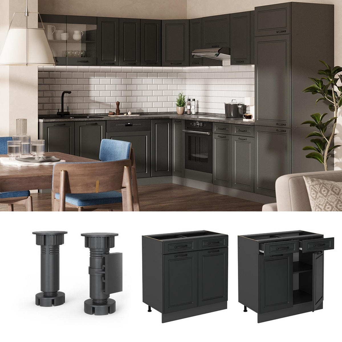 KÜCHENUNTERSCHRANK R-Line Anthrazit Landhaus 80 cm , AP Eiche - Anthrazit, Holzwerkstoff (80/81.6/60cm) - Vicco