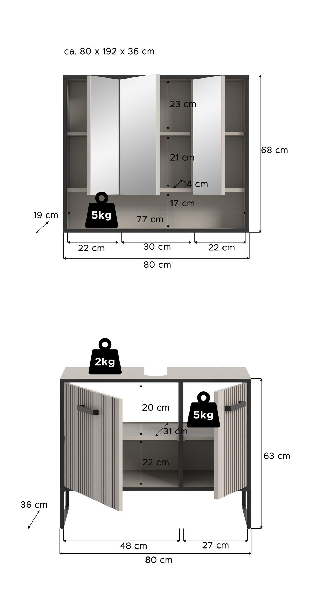 BADKOMBINATION Bagno 80x192x36 cm Kaschmir Schwarz 2tlg. - Kaschmir, Holzwerkstoff (80/192/36cm)
