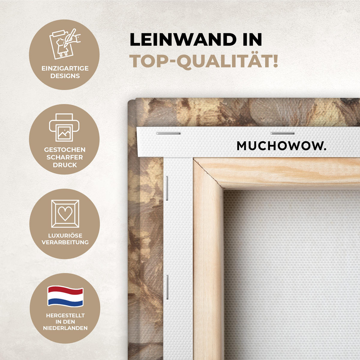 LEINWANDBILD Gesicht - Dame - Blätter - Pinselstriche Wandbild Wohnzimmer 50x50 cm - Goldfarben, Textil (50/50cm) - MuchoWow