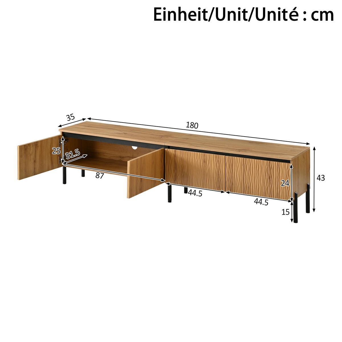 TV-LOWBOARD 4 Türen Wellen Design Stauraum Metallfüße Modern - Naturfarben, Holzwerkstoff (180/43/35cm) - FLIEKS
