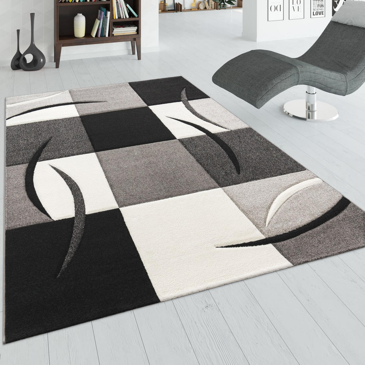 TEPPICH Kurzflor Karo Wohnzimmer schmutzabweisend Schwarz Rechteckig 300x400 - Schwarz, Textil (300/400cm) - KADIMA DESIGN