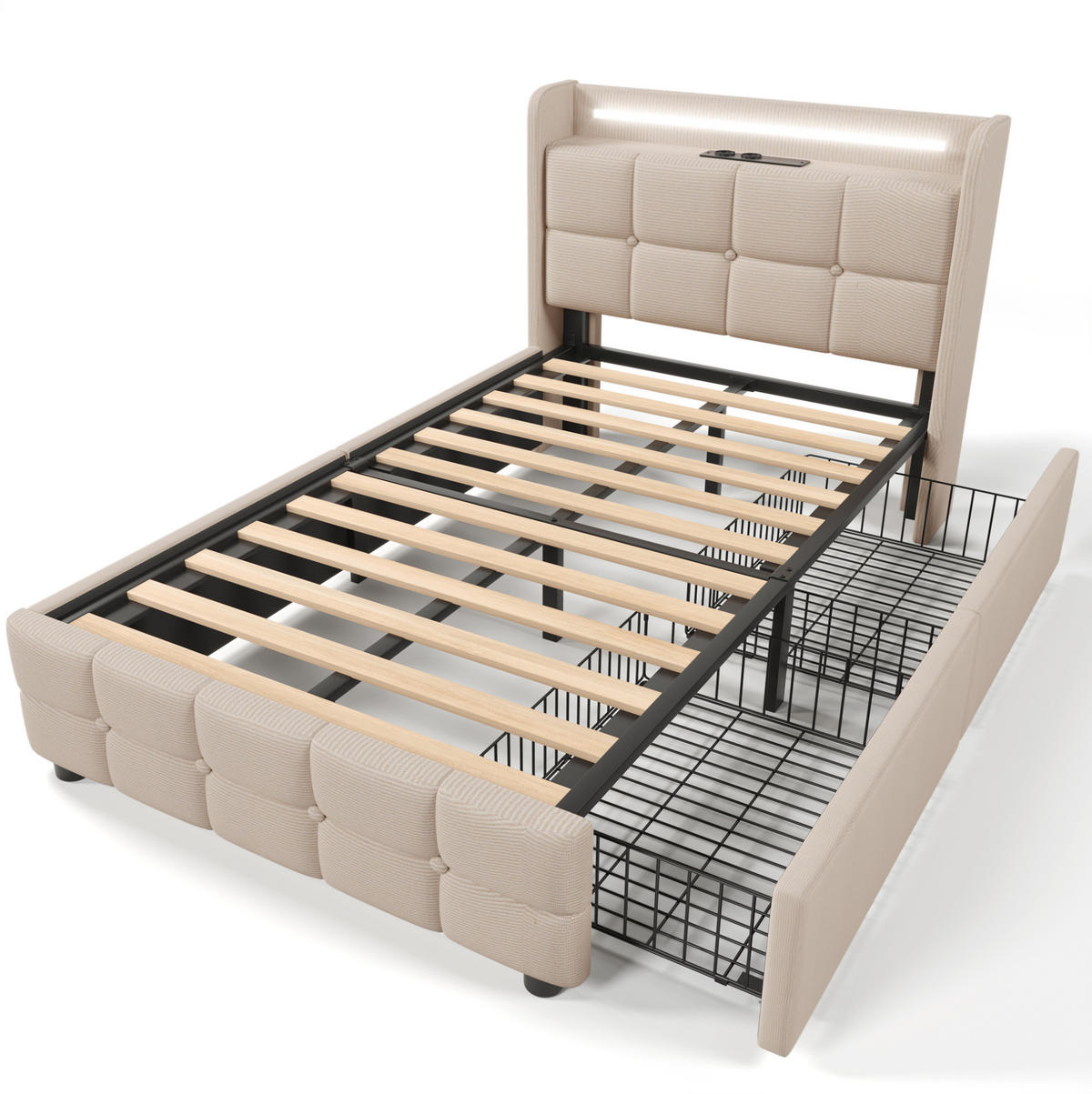 POLSTERBETT 220/94,5/103,5 cm beige aus Holz mit USB, LED, Matratze - Beige, Holzwerkstoff (90/200cm) - OKWISH