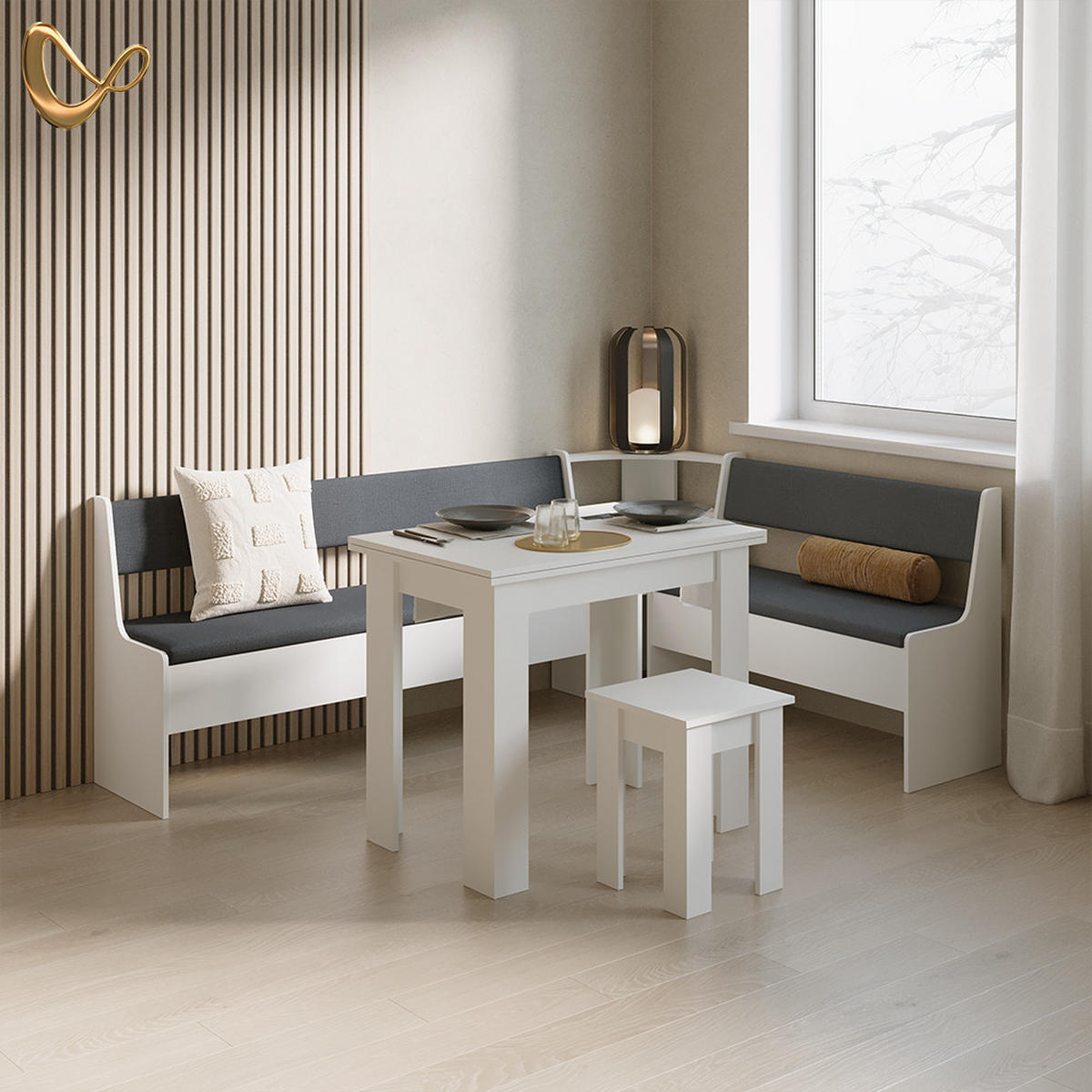 ECKBANKGRUPPE Tiberio Weiß 210 x 150 cm mit Tisch - Weiß, Holzwerkstoff (210/80/150cm) - Livinity®