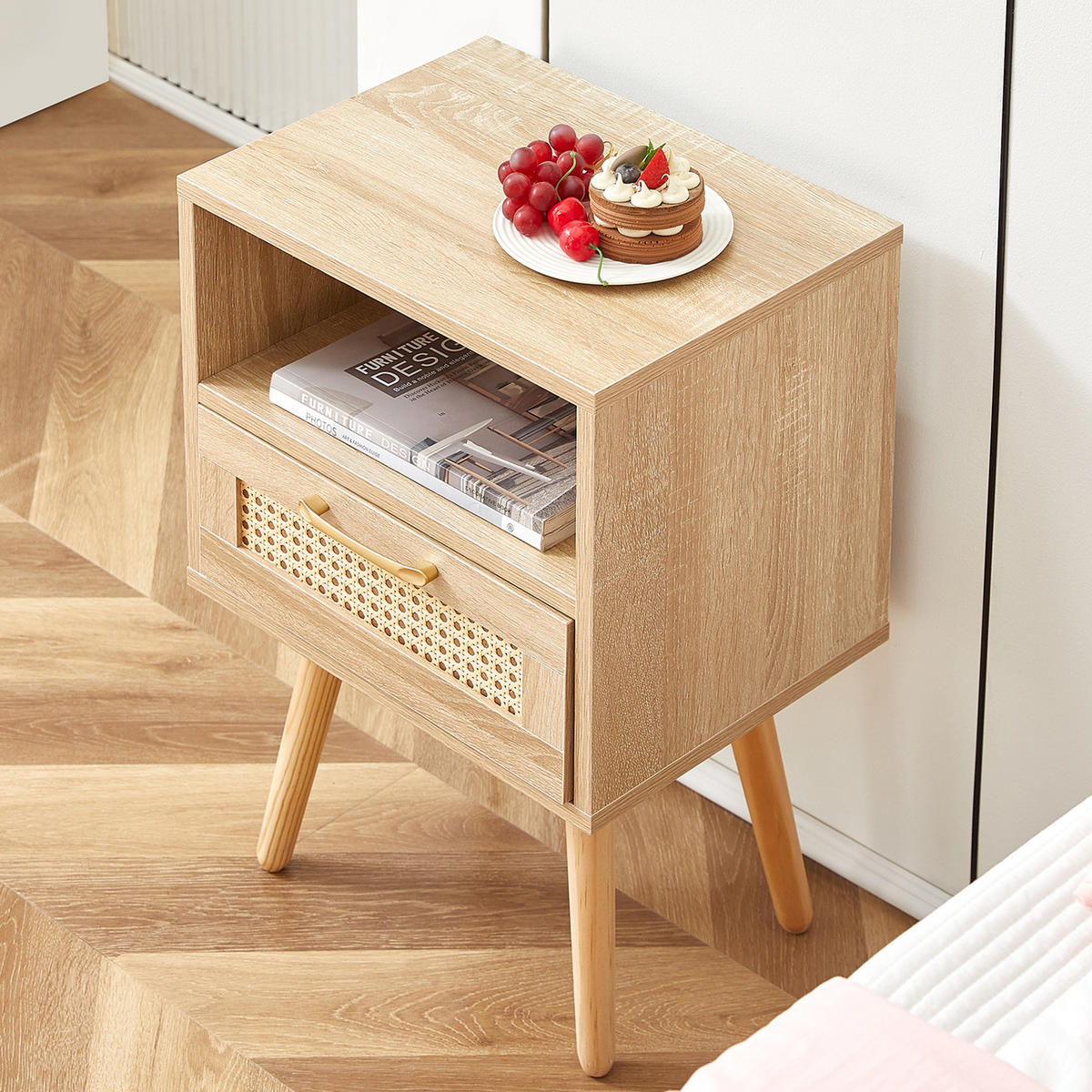 BEISTELLTISCH MDF mit Rattanfront & Schublade, 40/30/55 cm, Natur - Naturfarben, Holzwerkstoff (40/55/30cm) - Redom
