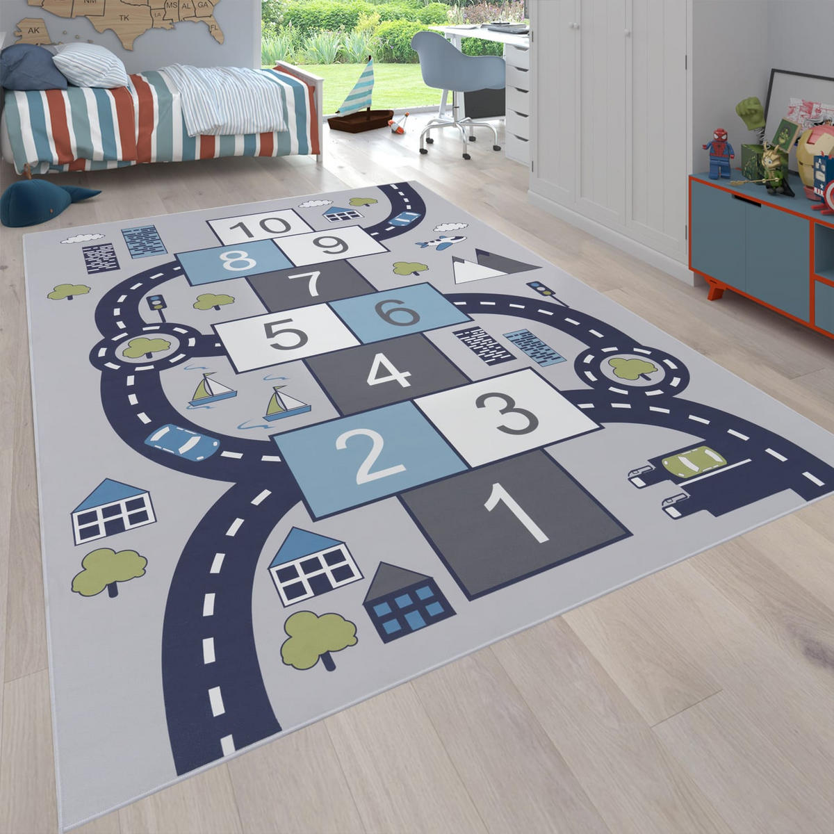 KINDERTEPPICH waschmaschinenwaschbar Zahlen‑Hüpfkästchen‑Muster Kinderzimmer schmutzabweisend Grau Rechteckig 160x220 - Grau, Textil (160/220cm) - KADIMA DESIGN