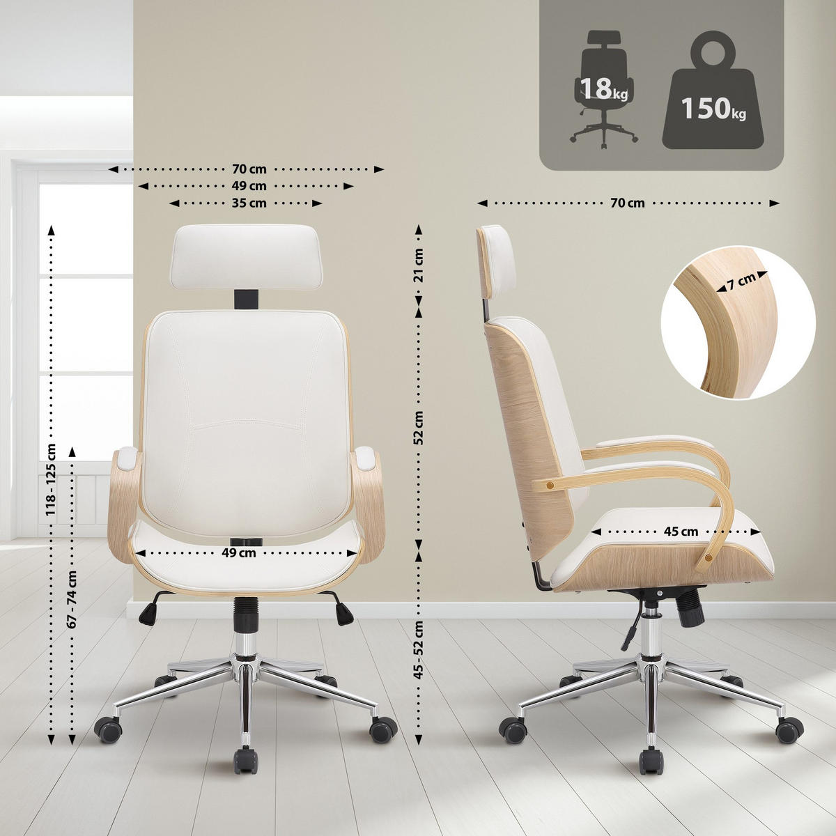 DREHSTUHL Lederlook Natura/Weiß - Chromfarben/Eukalyptusholzfarben, Textil/Metall (70/118/70cm) - CLP