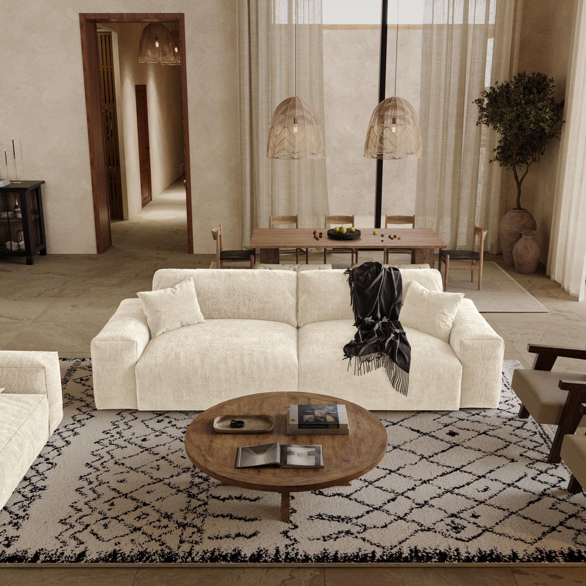 SOFA CHEER Geprägter Samt Creme 220cm - Creme, Textil (220/84/94cm) - Premium Interiors