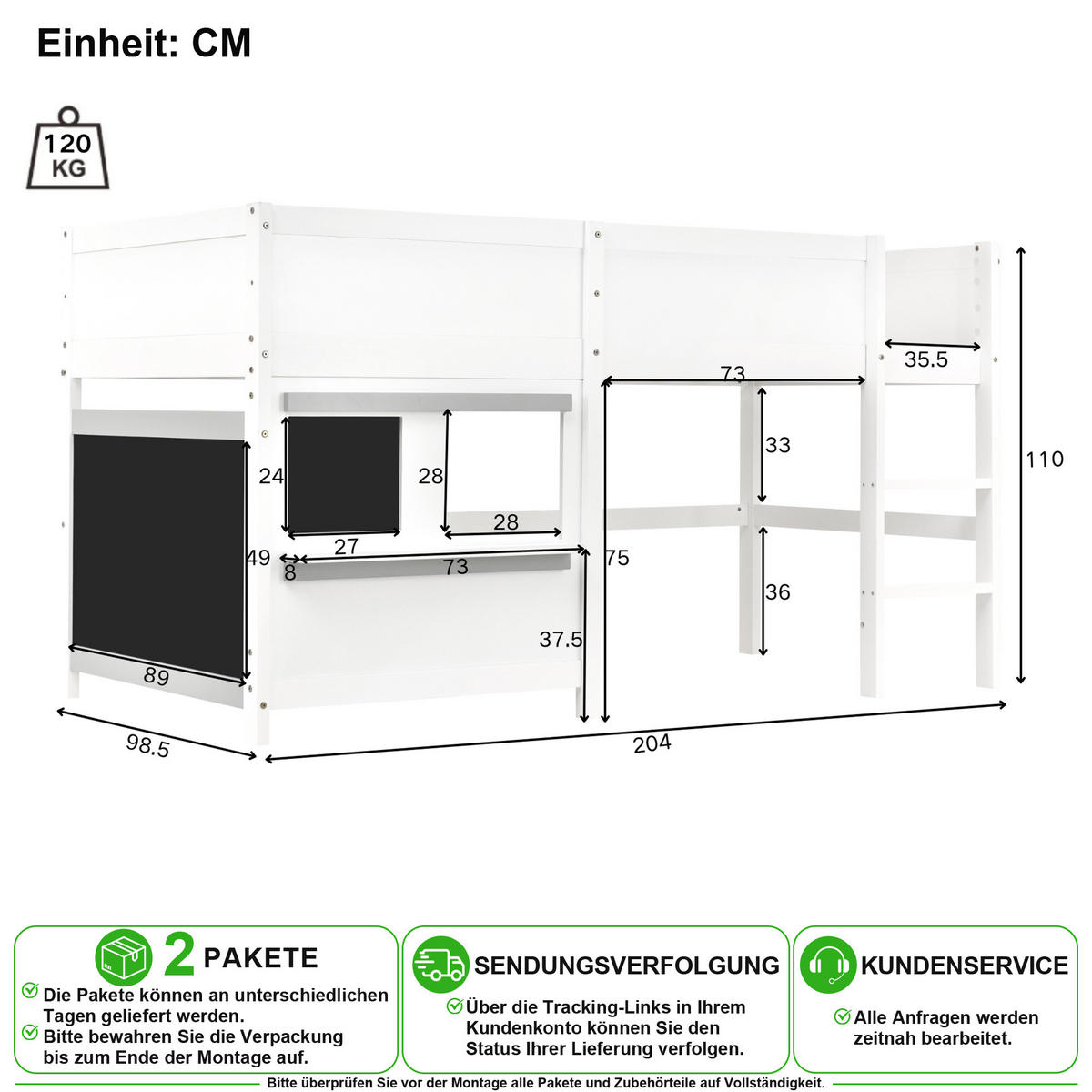 HAUSBETT 90/200 cm in Weiß mit Tafel, Ablage und Treppe - Weiß, Holz/Holzwerkstoff (90/200cm) - CHICFURN
