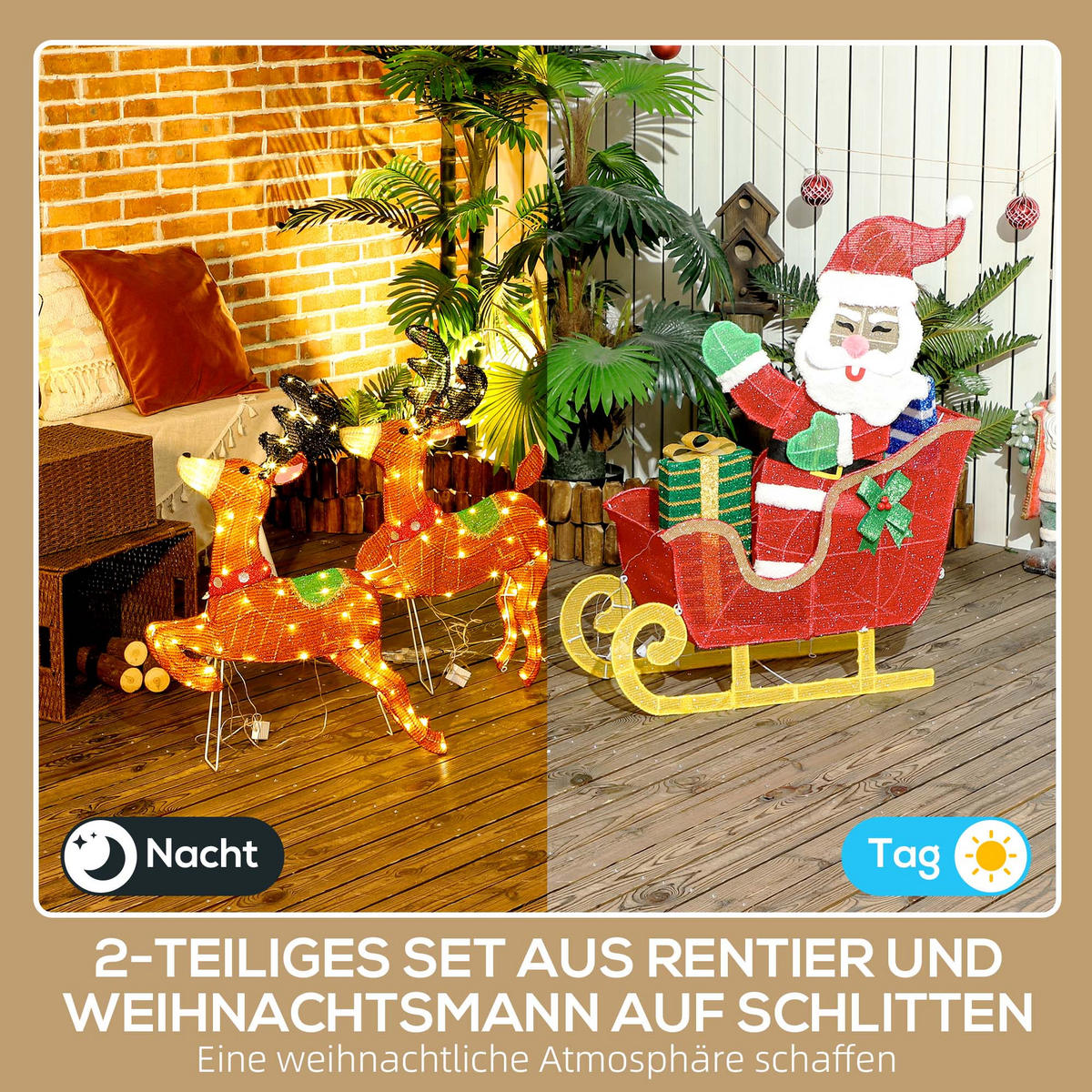 LEUCHTENDE Weihnachts-Dekoration, Weihnachtsmann auf Schlitten mit Rentieren, 148 LED-Lichter - Multicolor, Kunststoff/Metall (28/99/77cm) - Outsunny