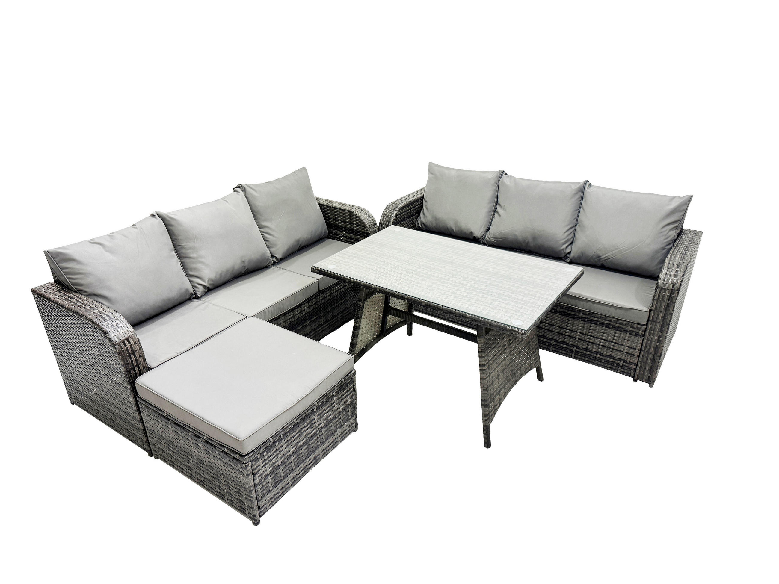 GARTENSET Hohe Rückenlehne Polyrattan 7-Sitzer - Dunkelgrau/Grau, Glas/Kunststoff - Fimous