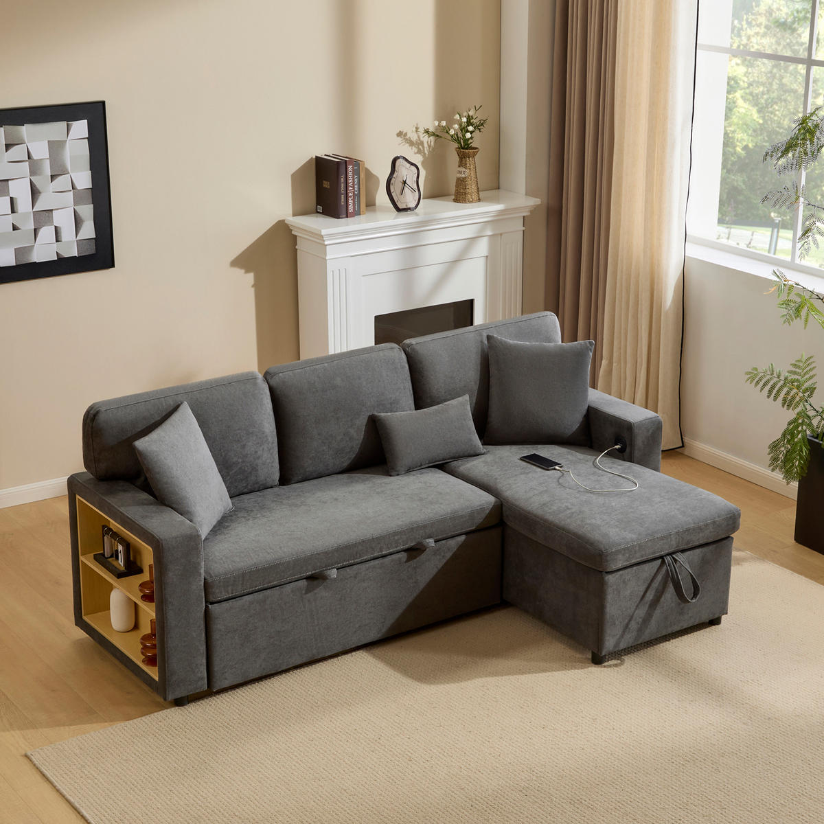 4-SITZER ECKSCHLAFSOFA Dunkelgrau mit USB, Stauraum und mit Kissen - Dunkelgrau, Holzwerkstoff/Textil (214/131cm) - WISHDOR
