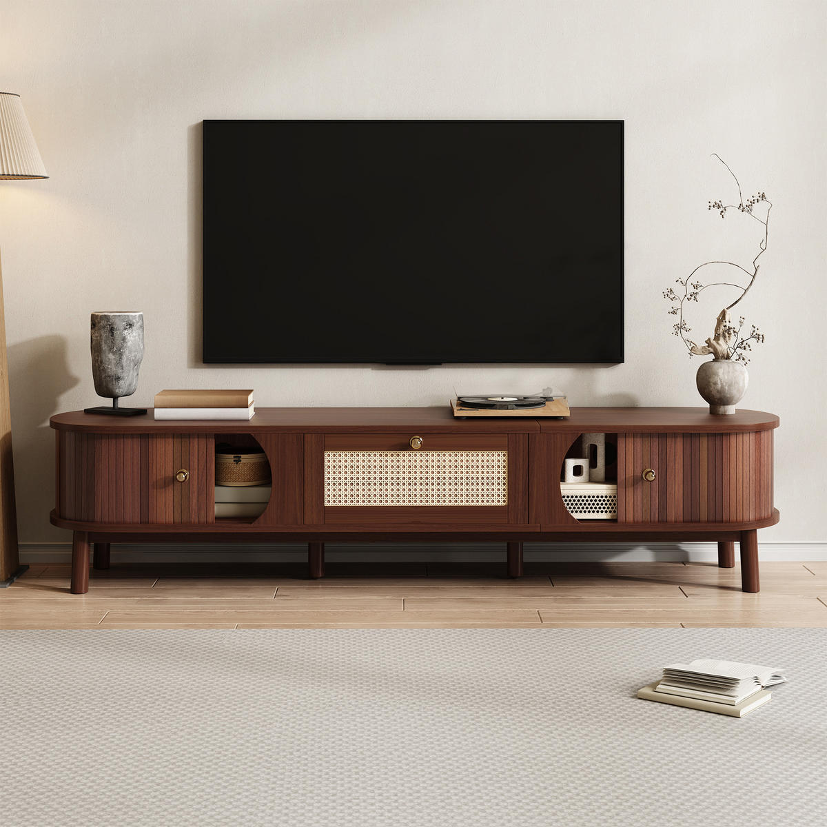 LOWBOARD in Naturfarben TV-Schrank mit Schubladen aus Rattan für Wohnzimmer, B170/T39.5/H38 cm - Naturfarben, Holzwerkstoff (170/38/39.5cm) - STILVORA