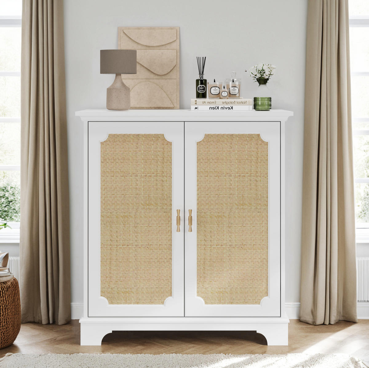 KOMMODE 80/38/86 cm, Rattan-Türen, Weiß, MDF/Spanplatte mit Massivholzbeinen, viel Stauraum, Weiß - Weiß, Holzwerkstoff (80/86/38cm) - Redom