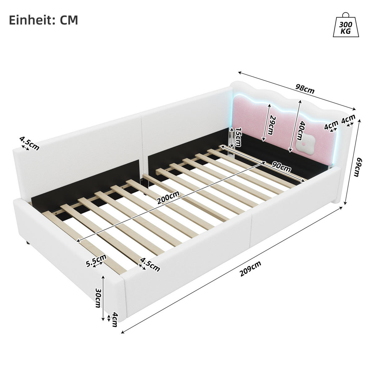 KREVET 90/200 cm s LED osvjetljenjem i kontrastnim uzglavljem od baršunaste tkanine, Bijela - bijela, tekstil (90/200cm) - Redom