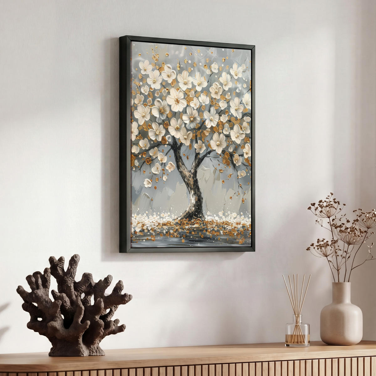 LEINWAND Bilder mit Rahmen - Baum - Blumen - Weiß - Natur - Kunst - 30x40 - Weiß, Textil (30/40cm) - MuchoWow