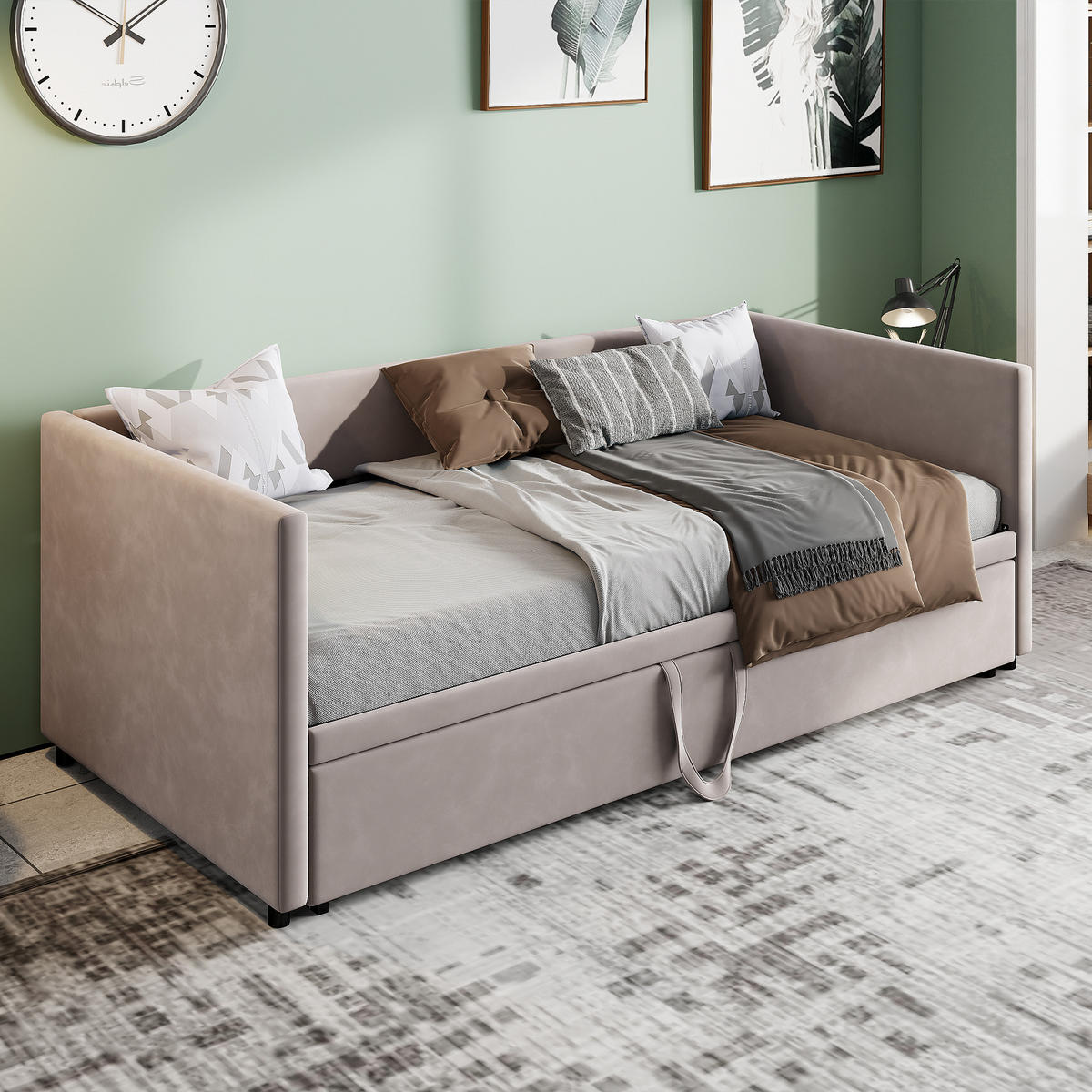 SCHLAFSOFA Samt grau ausziehbar mit Gästebett Funktion 3-fach umwandelbar Tagesbett mit Rollen - Grau, Metall (183/74/213cm) - Joyfair