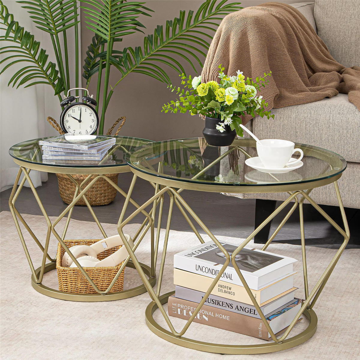 COUCHTISCH 2er Set rund Metallrahmen Beistelltisch - Goldfarben, Glas (50/50/40cm) - Kaket