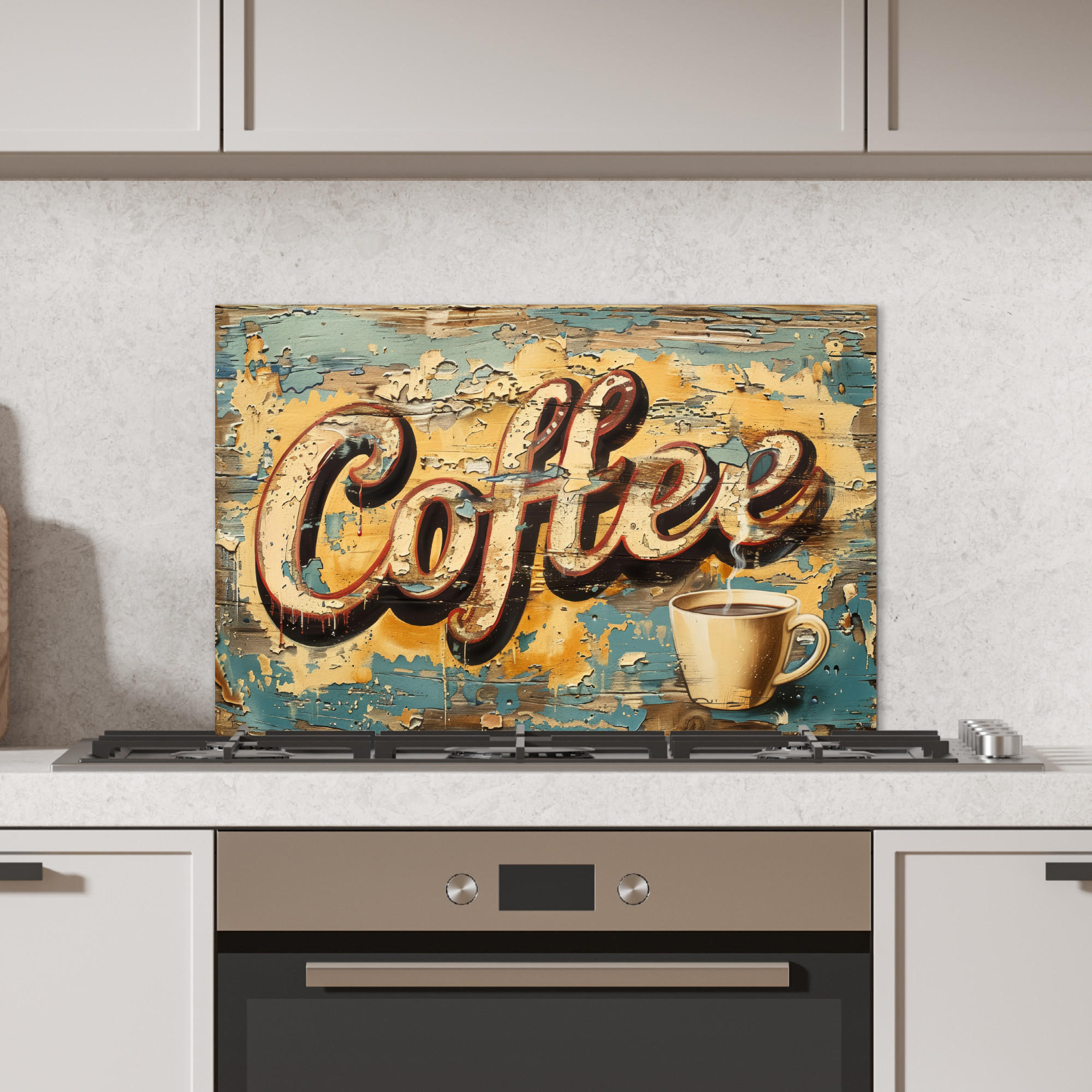 SPRITZSCHUTZ KÜCHE Kaffee - Vintage - Braun - Tasse 70x50 cm - Teakfarben, Metall (70/0.3/50cm) - MuchoWow
