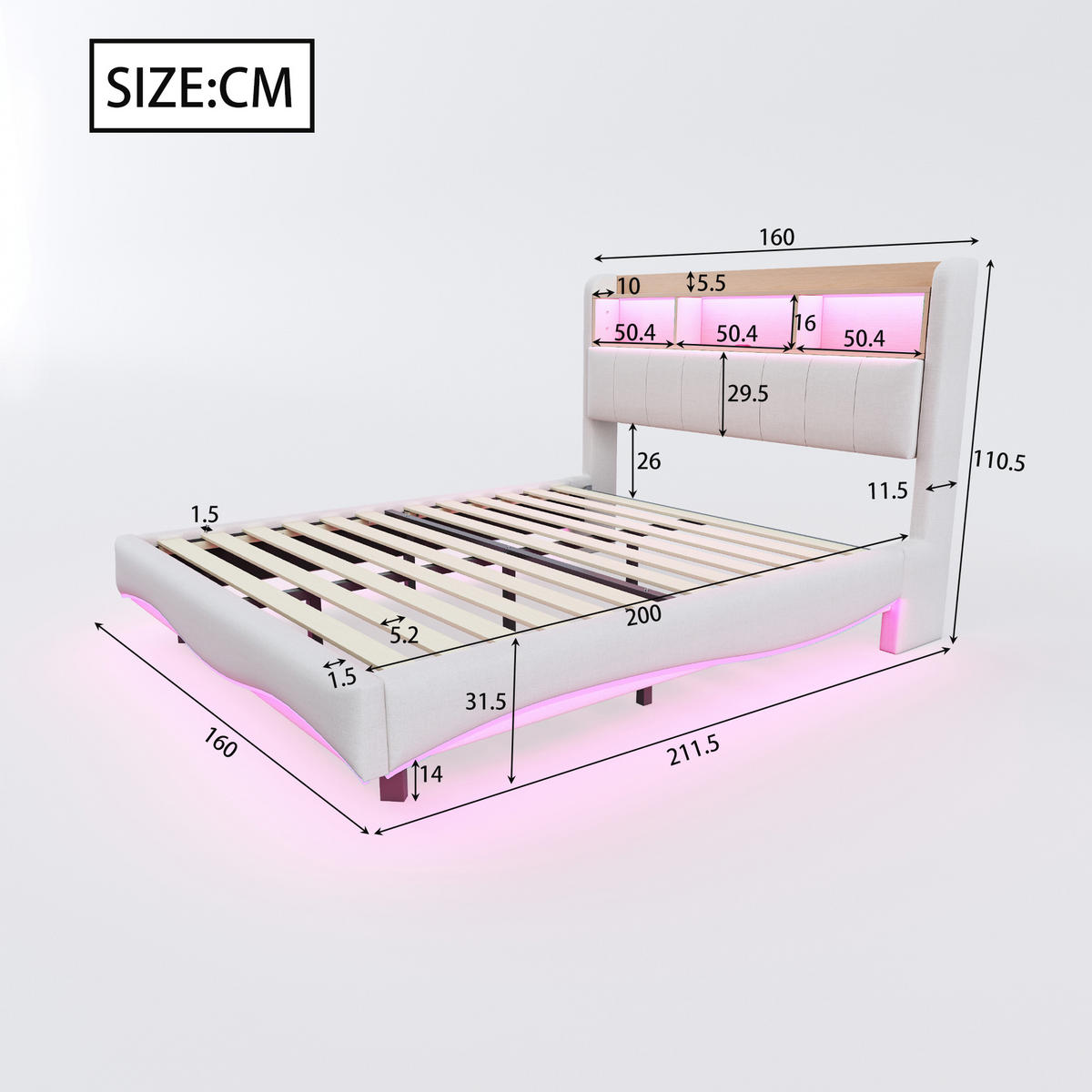 POLSTERBETT 160/200 cm aus Leinenstoff mit LED-Beleuchtung und USB- und Type-C-Anschlüssen beige - Beige, Textil (160/200cm) - OKWISH