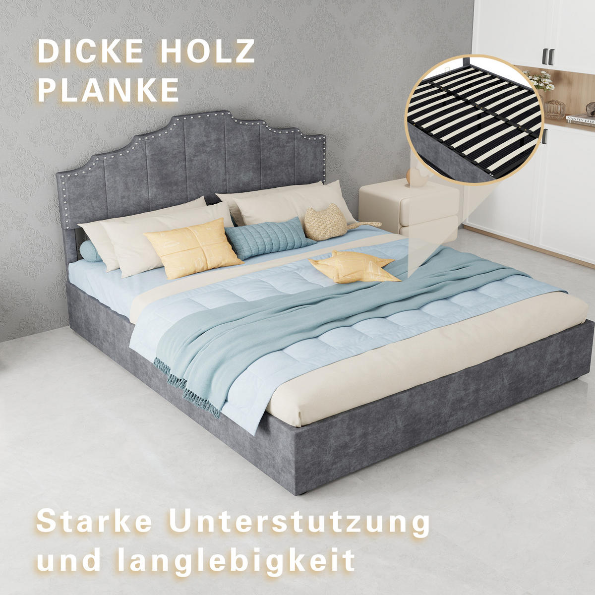 POLSTERBETT 160/200 cm in Grau Stoff mit gepolstertem Kopfteil und geometrischem Design - Grau, Holzwerkstoff/Textil (160/200cm) - STILVORA