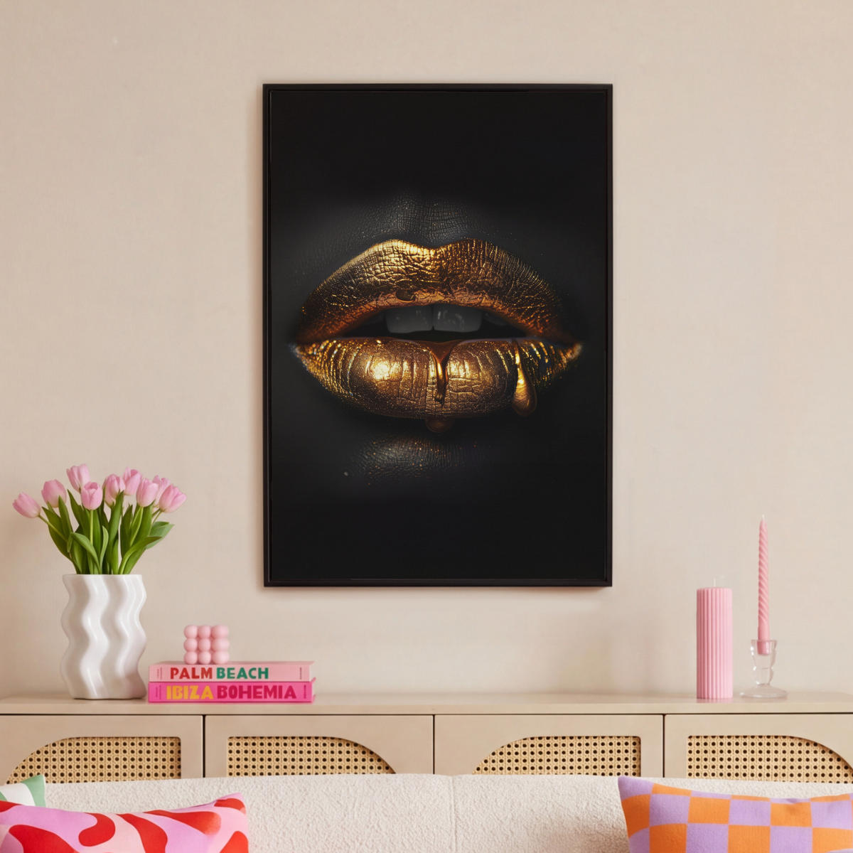 LEINWAND Bilder mit Rahmen - Frau - Porträt - Lippen - Gold - Schwarz - 60x90 - Schwarz, Textil (60/90cm) - MuchoWow