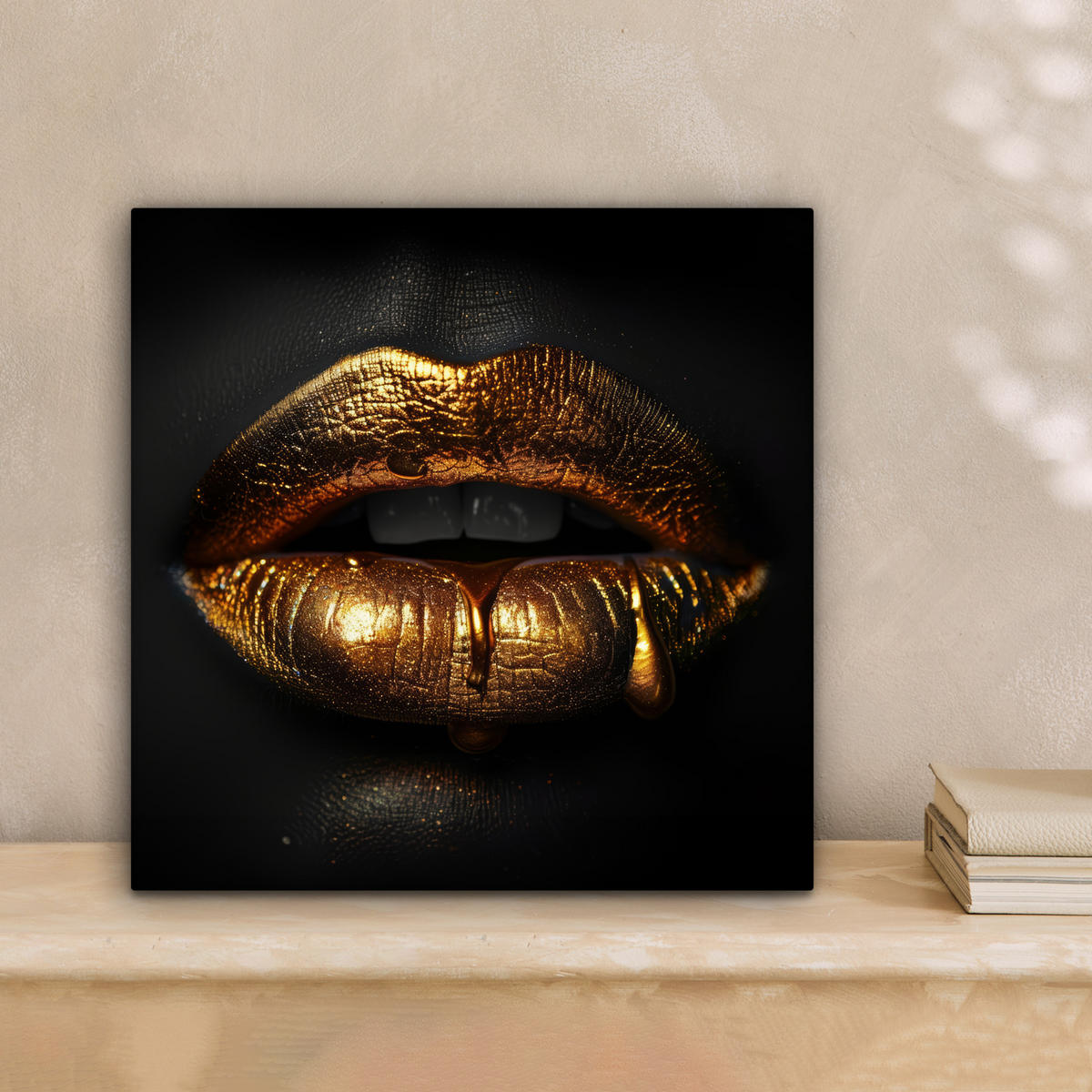 LEINWANDBILD Frau - Porträt - Lippen - Gold - Schwarz 20x20 cm - Schwarz, Textil (20/20cm) - MuchoWow