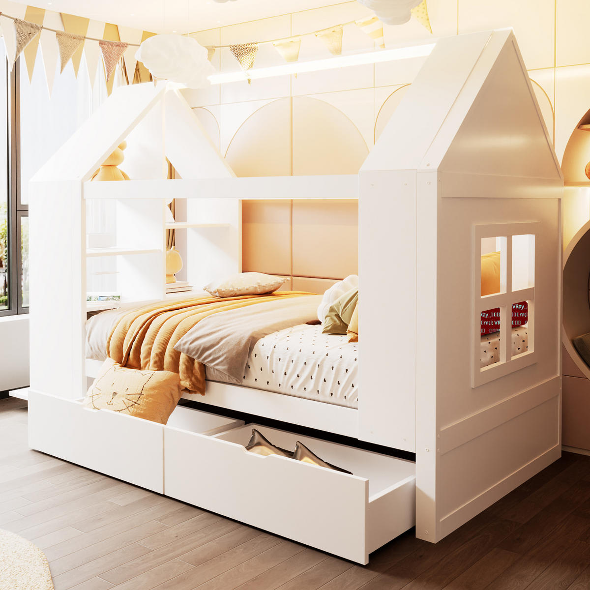 KINDERBETT 90x200 Hausdesign LED Schubladen Weiß - Weiß, Holz (90/200cm) - FLIEKS
