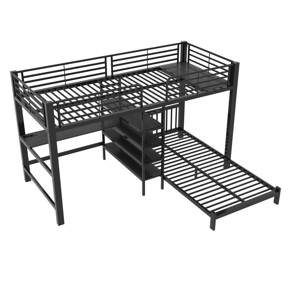 HOCHBETT aus Metall und MDF 90x200 cm Schwarz mit Schreibtisch, Stauraumtreppe und USB-/Type-C-Anschluss - Schwarz, Holzwerkstoff (90/200cm) - IVMEU