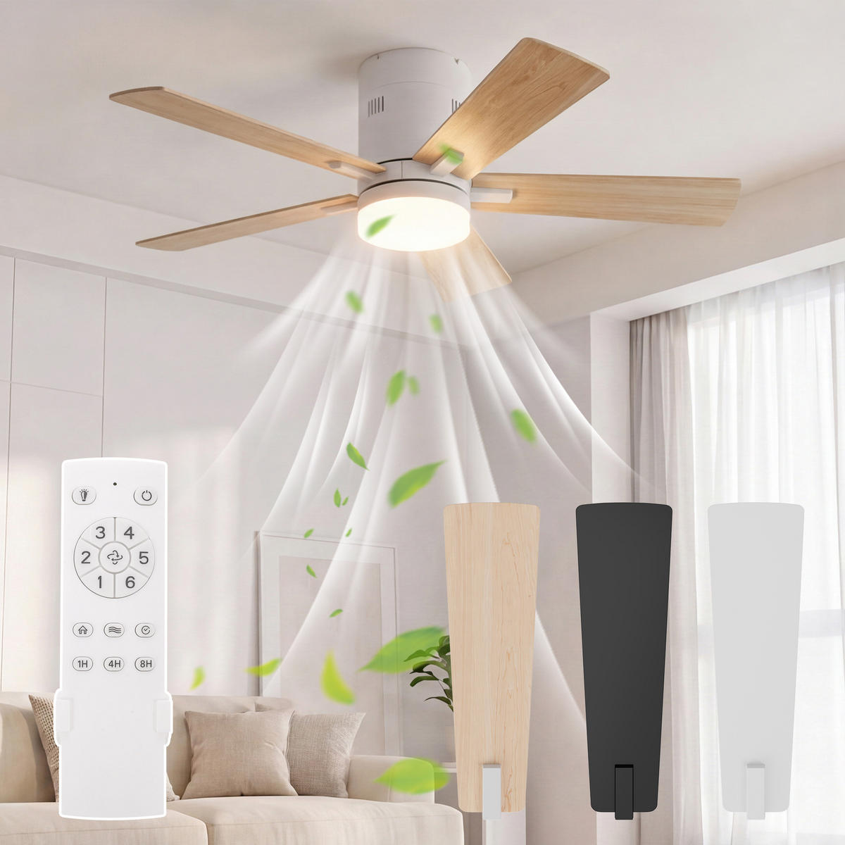 STROPNI ventilator z LED lučko, 106,6 cm, 5 lesenih lopatic, 6 hitrosti in časovnik - naravne barve, kovina (106.6/106.6/28cm) - EuroLiving