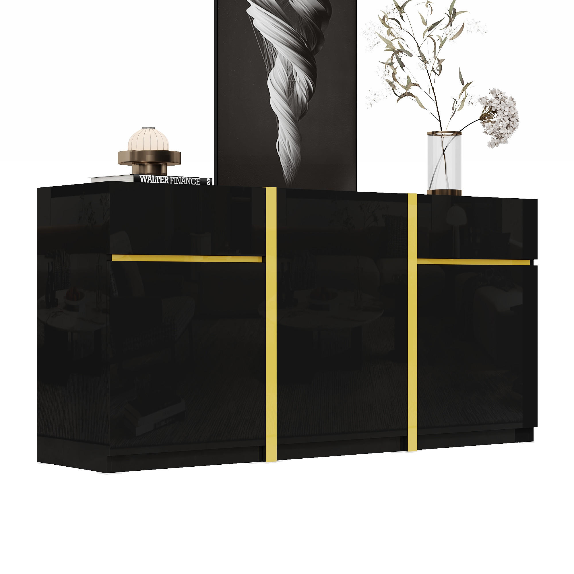 SIDEBOARD Hochglanz 3 Türen 2 Schubladen modern - Schwarz, Holzwerkstoff (40/78/160cm) - FLIEKS
