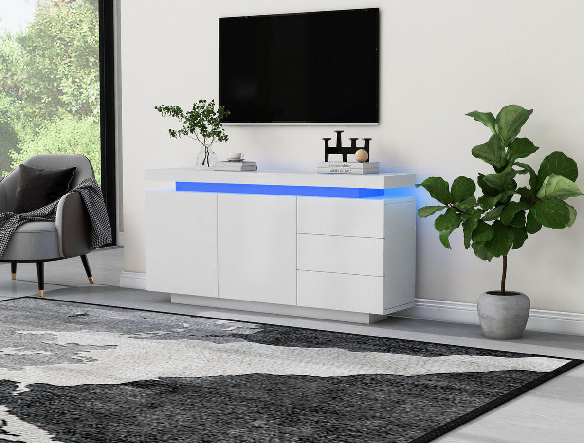SIDEBOARD 140/35/72,5 cm, Weiß Hochglanz, 2 Türen und 3 Schubladen, integrierte LED, grifflose Optik, Weiß - Weiß, Holzwerkstoff (140/72.5/35cm) - Redom
