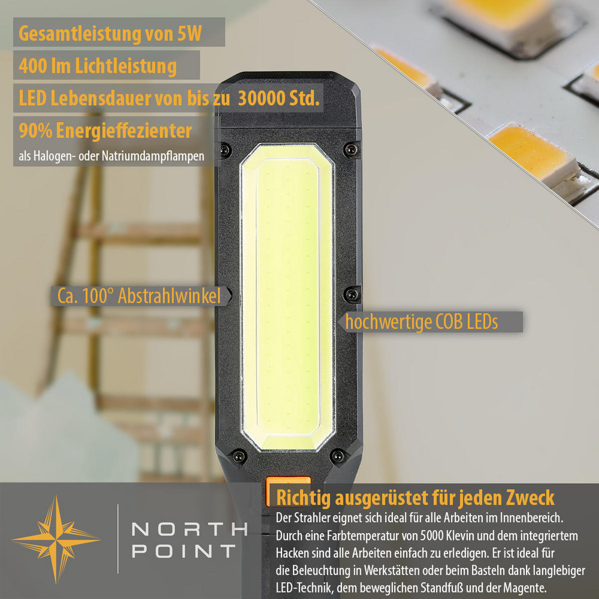 LED-ARBEITSLAMPE - kabellos mit Magnethalterung und Haken für Werkstatt, Camping und Renovierung - Schwarz, Kunststoff (6/32/5cm) - Northpoint