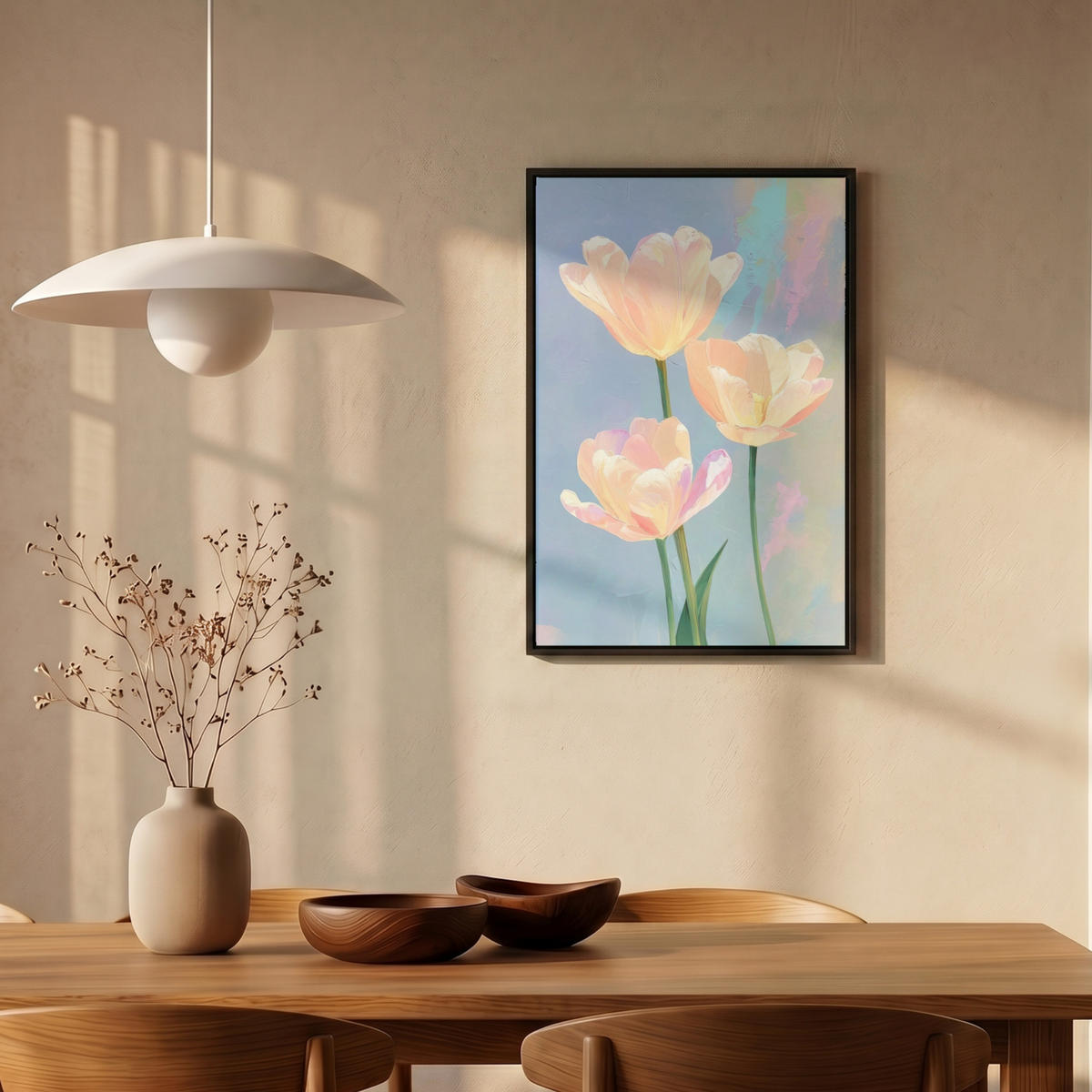 LEINWAND Bilder mit Rahmen - Tulpen - Rosa Akzente - Blau - 40x60 - Pastellblau, Textil (40/60cm) - MuchoWow