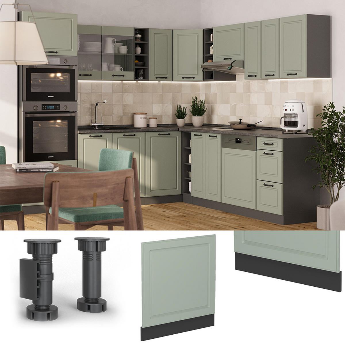 FRONTBLENDE R-Line, Mint Landhaus/Anthrazit, 60 cm Arbeitsplatte Marmor - Anthrazit/Grün, Holzwerkstoff (60/67.4/60cm) - Vicco