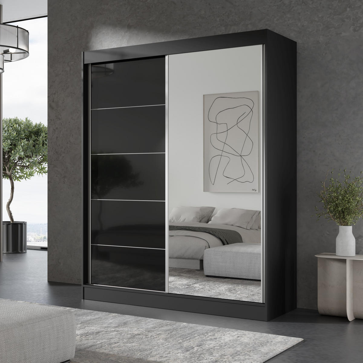 SCHIEBETÜRENSCHRANK mit Spiegel Como 2D1L 150 Schwarz (lacobel) - Silberfarben/Schwarz, Holzwerkstoff/Metall (150/201/65cm) - mzm24