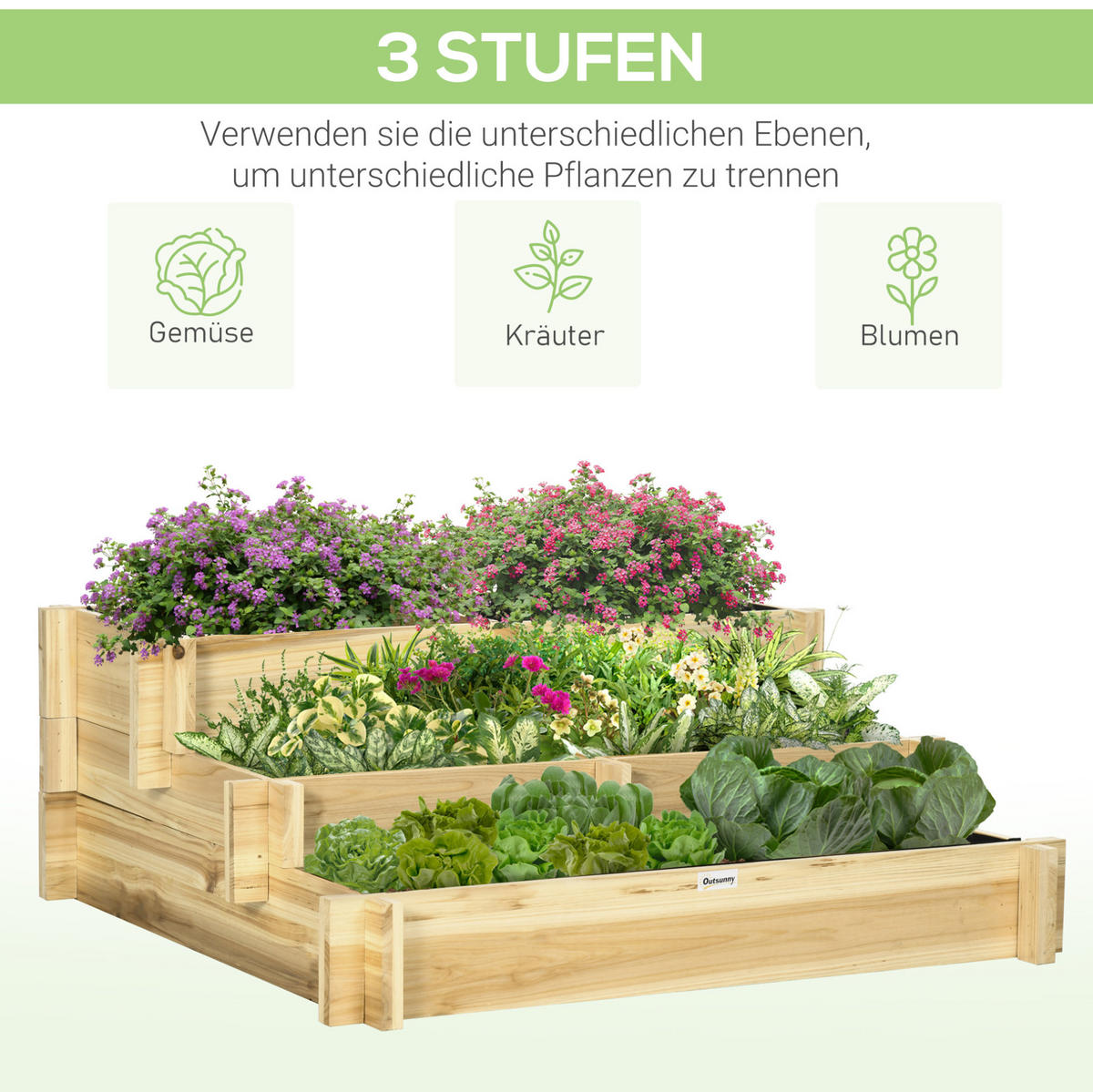BLUMENKASTEN aus Holz 93x93x35 cm in Natur mit 5 Pflanzfächern - Naturfarben, Holz (93/35/93cm) - Modfu