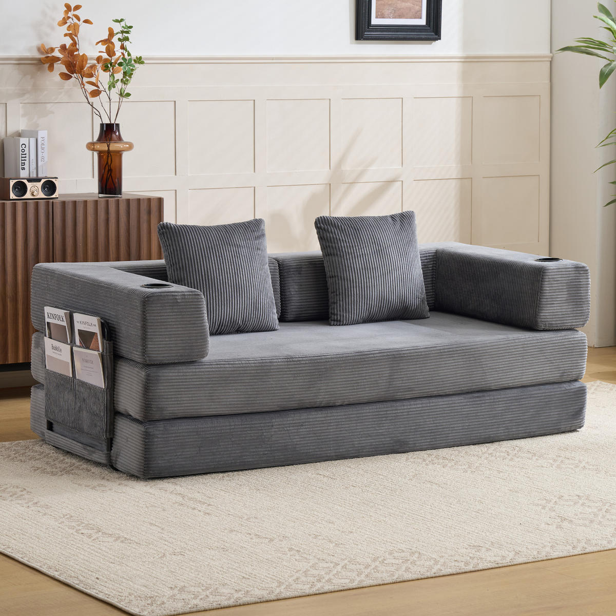 SCHLAFSOFA DE-33515 faltbar mit Becherhalter Dunkelgrau - Dunkelgrau, Textil (185/60/92.5cm) - ComfortXL