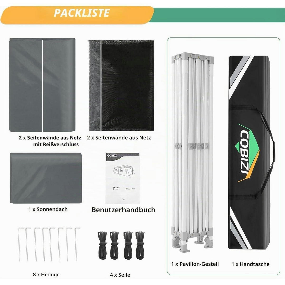 FALTPAVILLON 3 x 4.5 m Grau Wasserdicht mit 4 Netzseitenwänden - Grau, Textil (300/336/450cm)