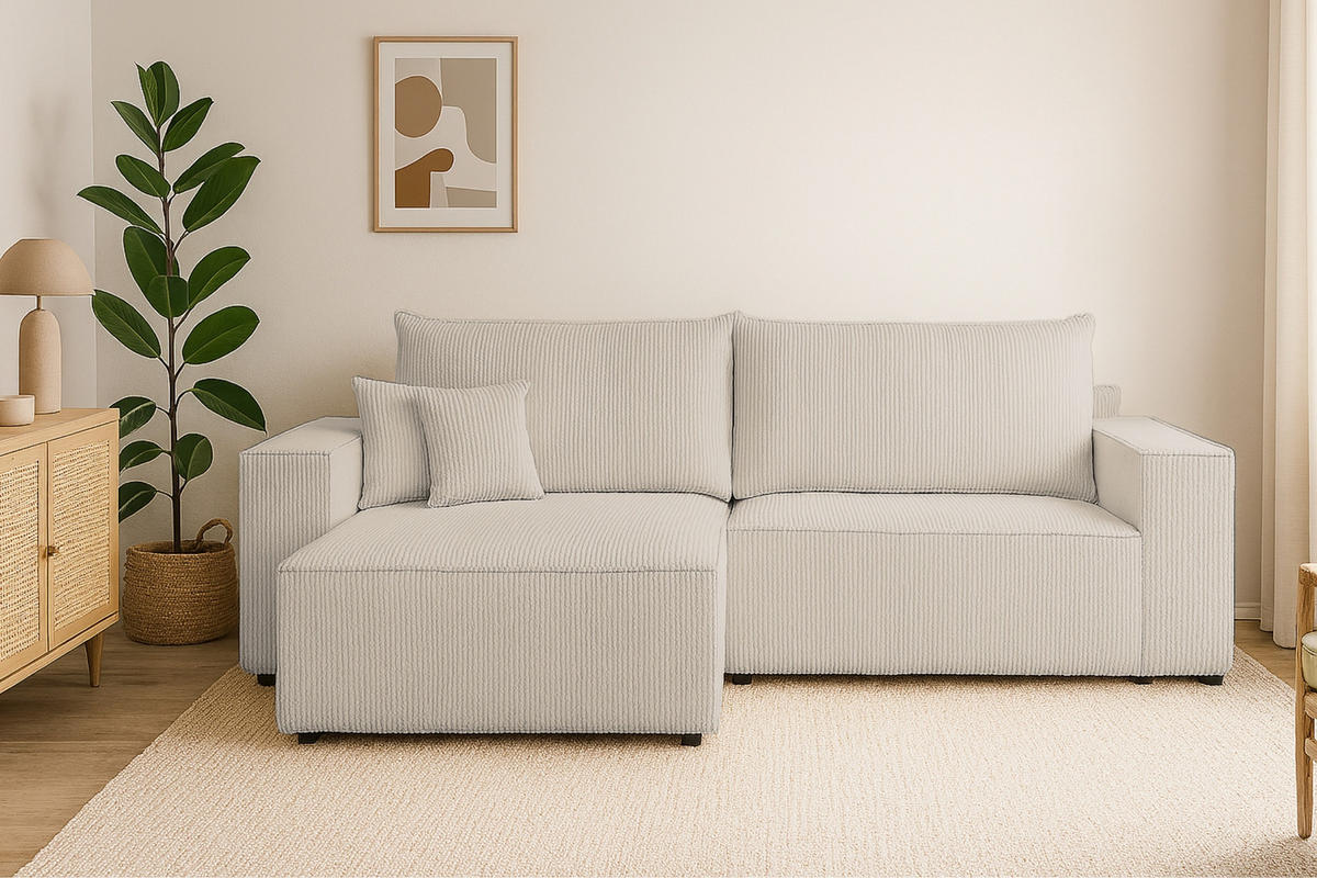 ECKSOFA MATT 255/153 cm links in Cord Creme - Creme/Schwarz, Holz/Holzwerkstoff (255/153cm) - Deine Möbel 24