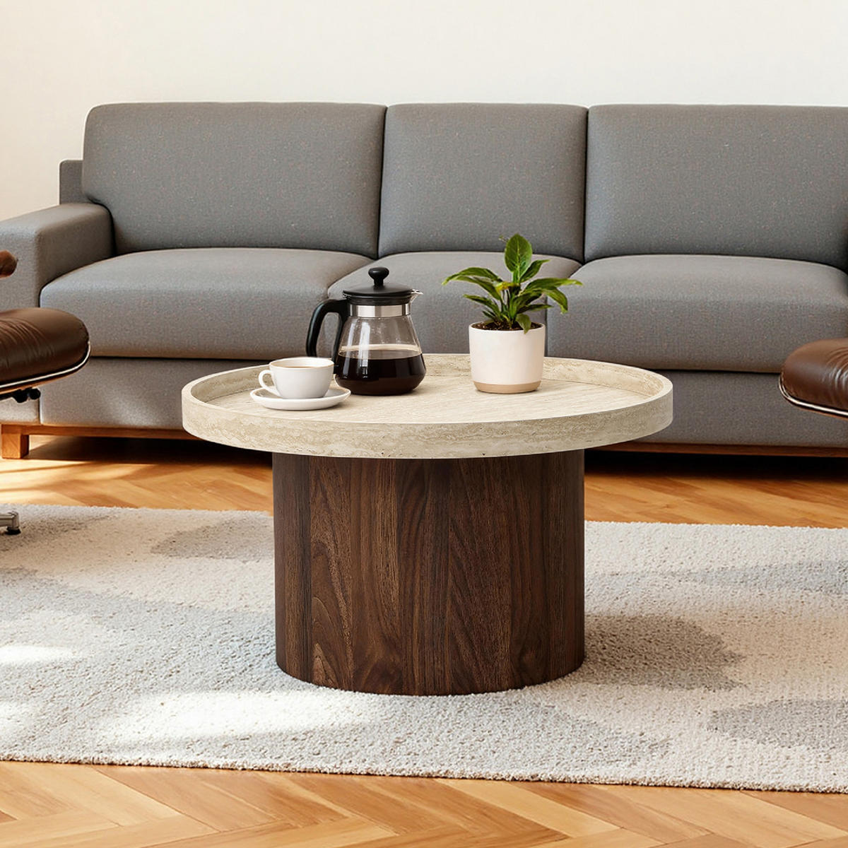 RUNDER Couchtisch mit Tablettplatte und braunem Gestell,Holzoptik | Ø60 x H34 cm - Braun, Holzwerkstoff (60/60/34cm) - Hometopia