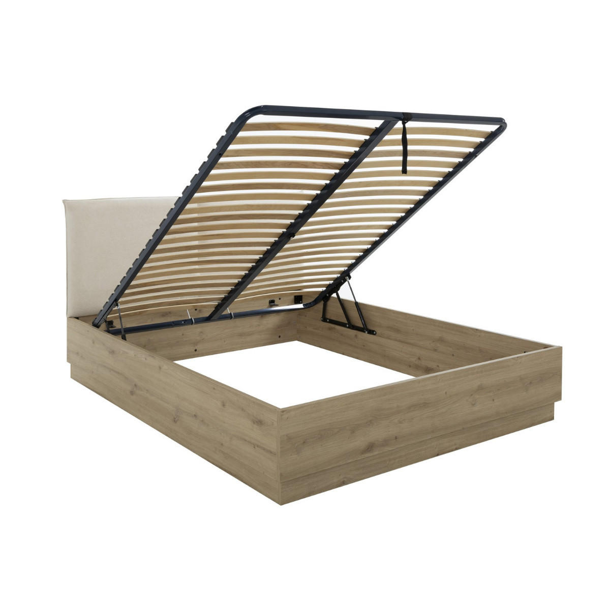 BETTKASTEN mit Kopfteil aus beigefarbenem Stoff 140 x 190 cm Dekor Eiche TIDY 145/196/101 cm - Eschefarben, Holzwerkstoff (190/140cm) - Calicosy