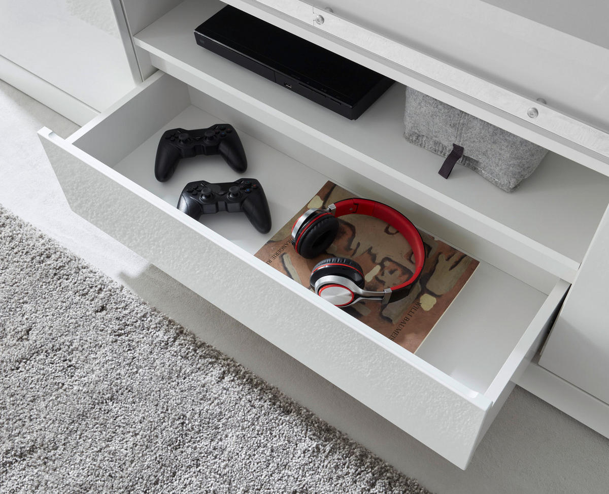 WOHNWAND weiß Hochglanz 3-teilig 309 x 201 cm, Wohnkombination mit Soft-Close - Chromfarben/Weiß Hochglanz, Glas/Holzwerkstoff (309/201/43cm) - Furn.Design