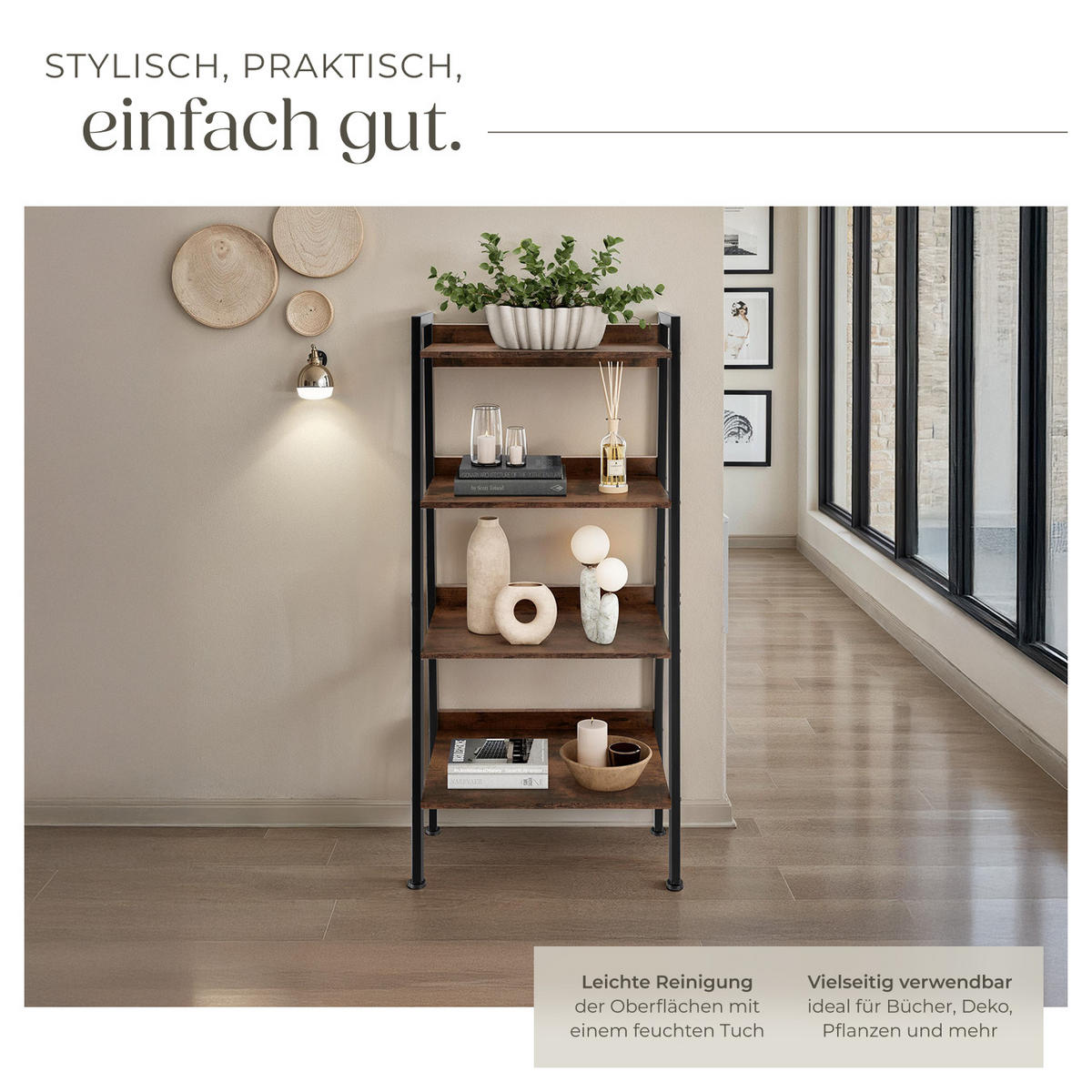 LEITERREGAL Chatham,inklusive Kippschutz, 57,5 x 34 x 138 cm,Industrial Holz dunkel, rustikal - Rostfarben, Holzwerkstoff (34/138/57.5cm) - tectake