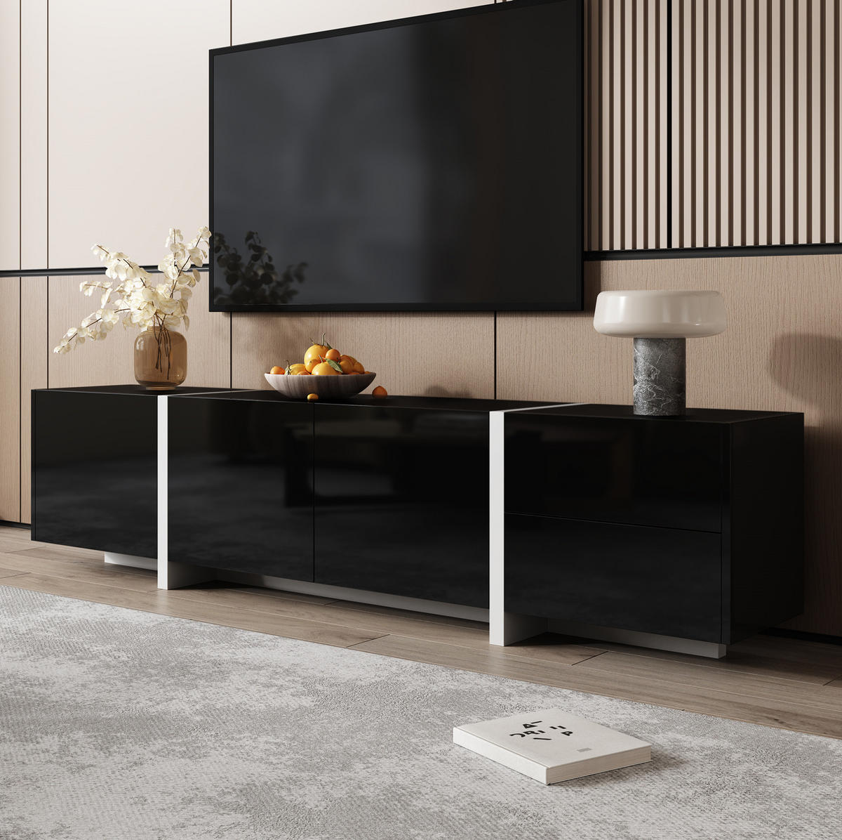 TV-STÄNDER 170/30/39 cm schwarz/weiß Hochglanz mit LED-Beleuchtung und geräumigem Stauraum - Schwarz, Holzwerkstoff (170/39/30cm) - OKWISH
