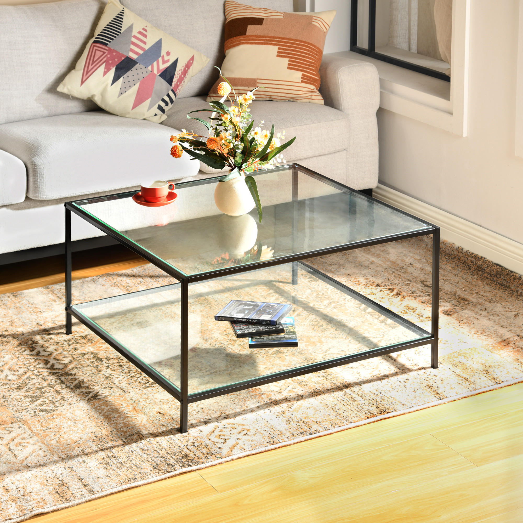 COUCHTISCH Glasplatte kratzfest & Metallgestell stabil 80X80cm - Transparent/Schwarz, Glas/Metall (80/80/42cm) - Urban Meuble