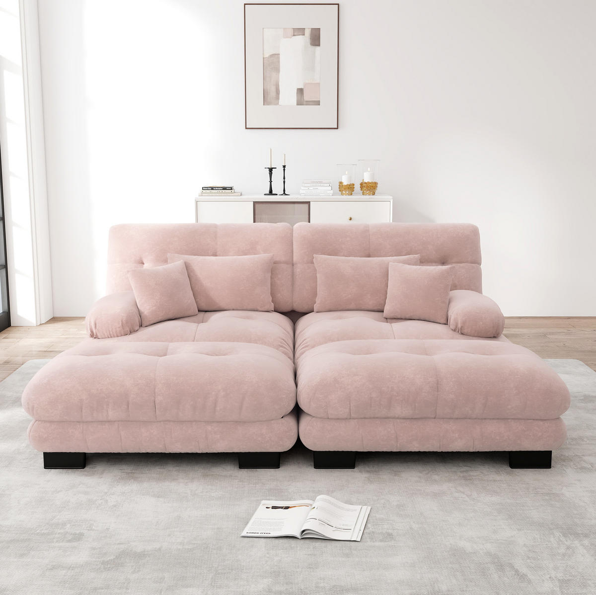 SOFA modular mit Ottomans Chenille Pink - Pink, Kunststoff (145/81/220cm) - Meubliv