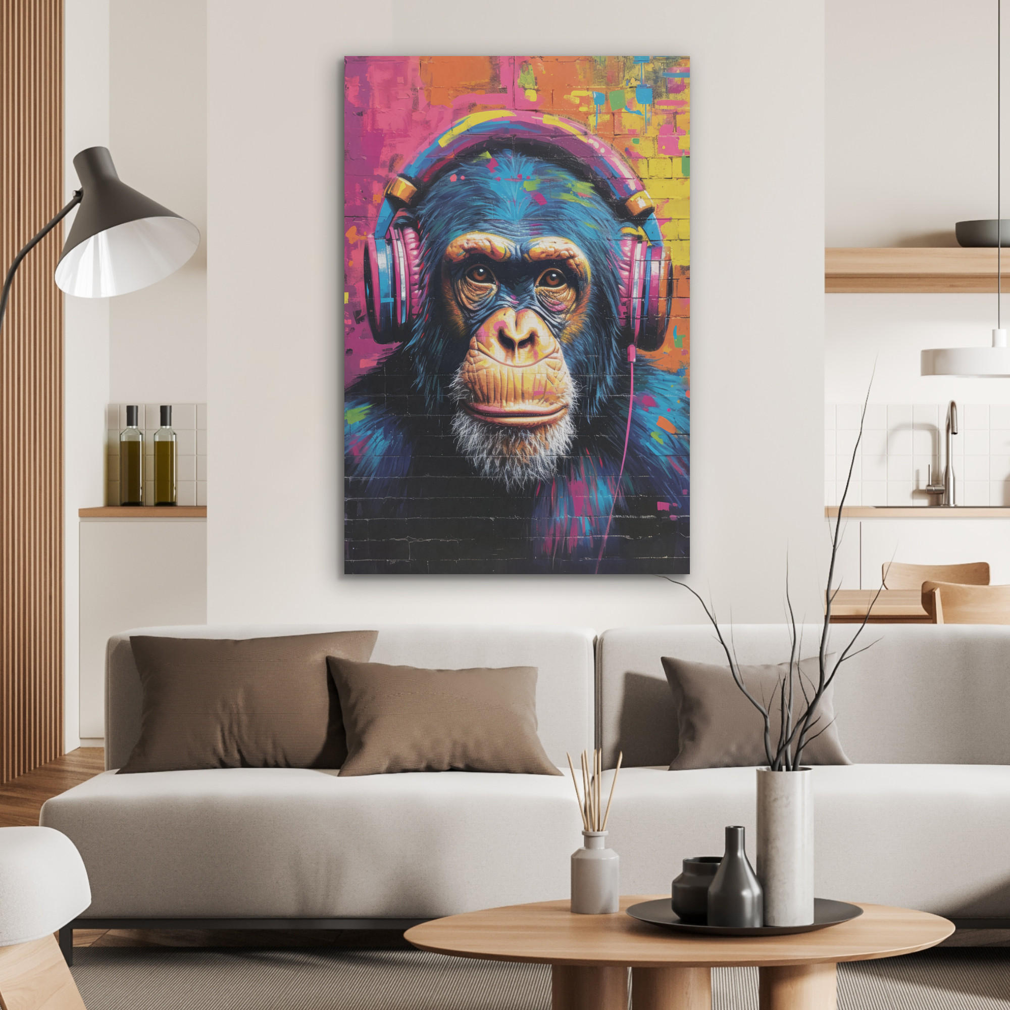 AKUSTIKPANEEL Graffiti - Schimpanse - Straßenkunst - Kopfhörer - Affe 70x100 cm - Blau, Textil (70/0.9/100cm) - MuchoWow